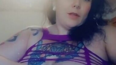 Shy BBW MILF teasing in purple slutty lingerie with HUGE TITS