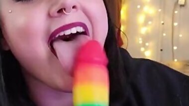 BBW xxKittens deep throats her rainbow dildo gag choke BJ