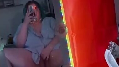 BBW with big thighs plays in front of mirror