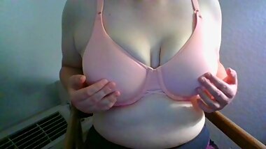 natural titties in lil step sis's bra//trying to titty fuck my dildo but this tiny bra makes it fall