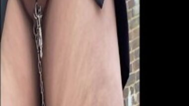 Public outdoor walking of BBW redhead and showing of female Chasity and big tits.