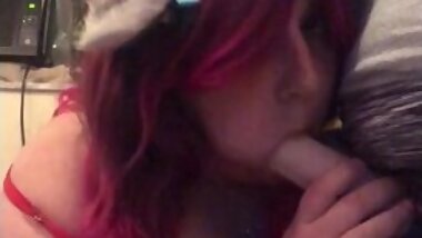 Chubby cute Neko girl with big tits gets turned on while giving blow job