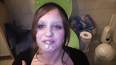 Chubby, clothed German girl gets pissed on and blows