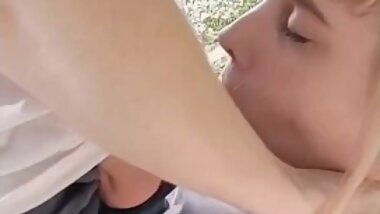 Cute chubby milf gets facefucked outdoors by the lake