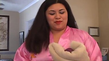 Stunning brunette is a sweet chubby Asian cocksucker