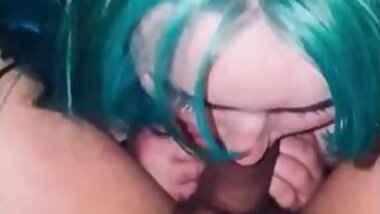 AMWF blue haired BBW giving head to her fuck buddy
